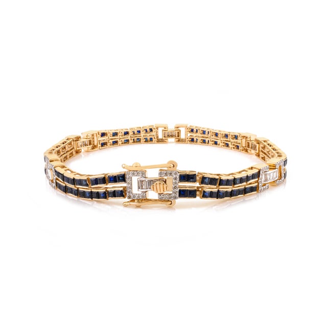 Metal Late 20th 6.14ct Blue Sapphire & Diamond Contemporary Link Bracelet in 14k Gold For Sale - Image 7 of 14