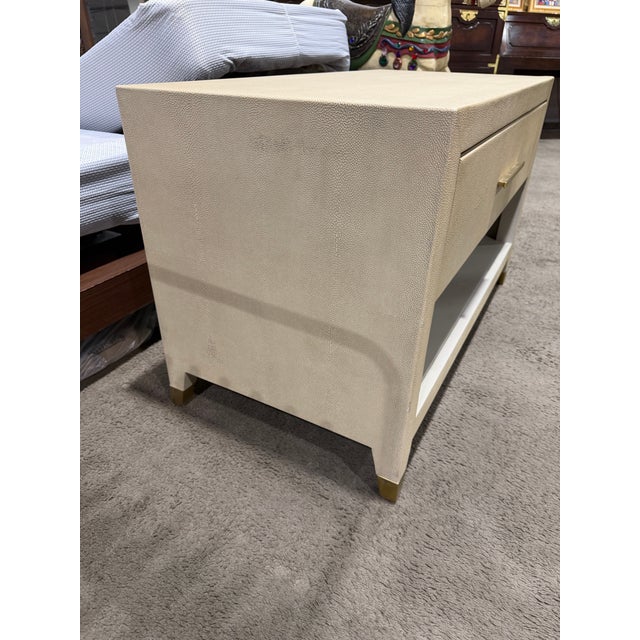 Elevate your bedside with this sophisticated Restoration Hardware shagreen nightstand, finished in a versatile warm beige...