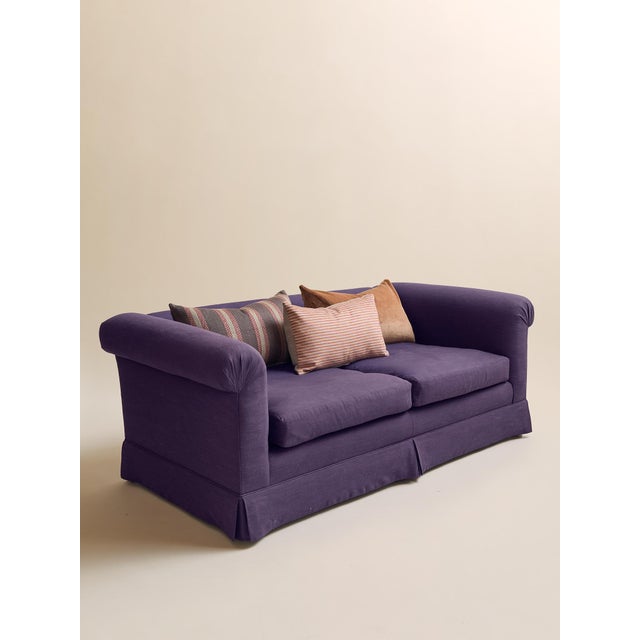 Art Deco The Vintage Deep Plum Linen Down-Filled Loveseat For Sale - Image 3 of 10