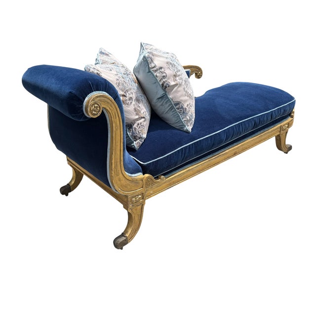 Antique 18th C Louis XVI Giltwood Chaise Fainting Couch - Sapphire Blue Mohair For Sale - Image 4 of 7