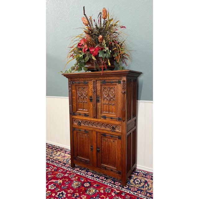 Gothic Antique French Gothic Linen Altar Wine Storage Cabinet Bookcase Bar Liquor Oak For Sale - Image 3 of 18