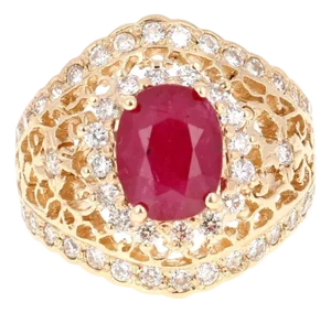 3.61 Carat Ruby Diamond Art Deco Style Yellow Gold Ring, Size 7