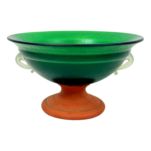 Mid-Century Modern Emerald Green Frosted Glass and Terracota Pedestal Bowl, 1950s For Sale