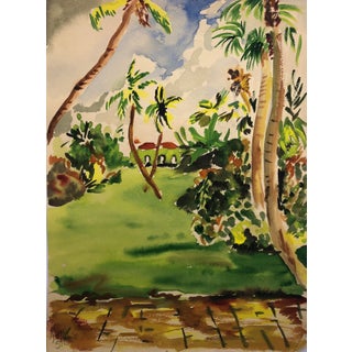 1940s Hazel Koenig Tropical Landscape Watercolor Painting For Sale