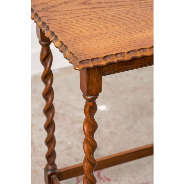 Antique English Rectangle Honey Oak Scalloped Edge Barley Twist Table For Sale - Image 4 of 8