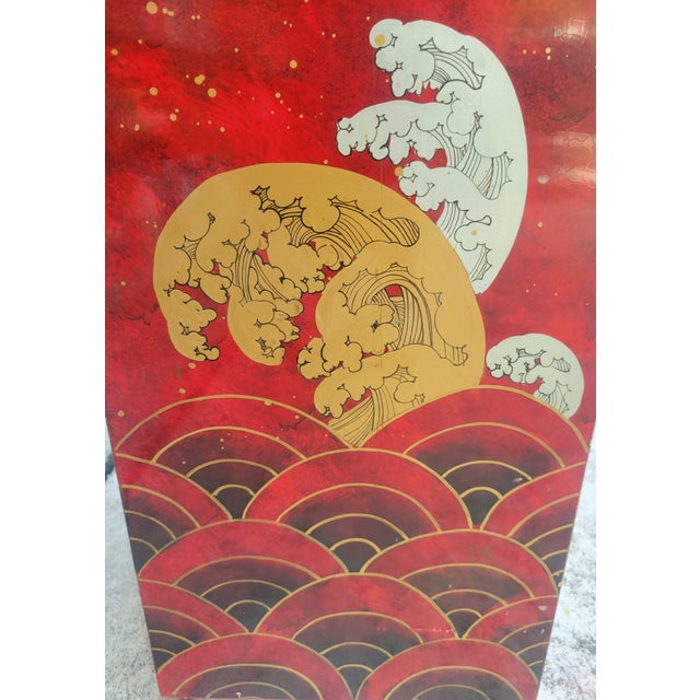 Rare Vintage Chinoiserie Red Lacquered Pedestal Bird Floor Lamp With Huge Linen Shade For Sale - Image 10 of 12