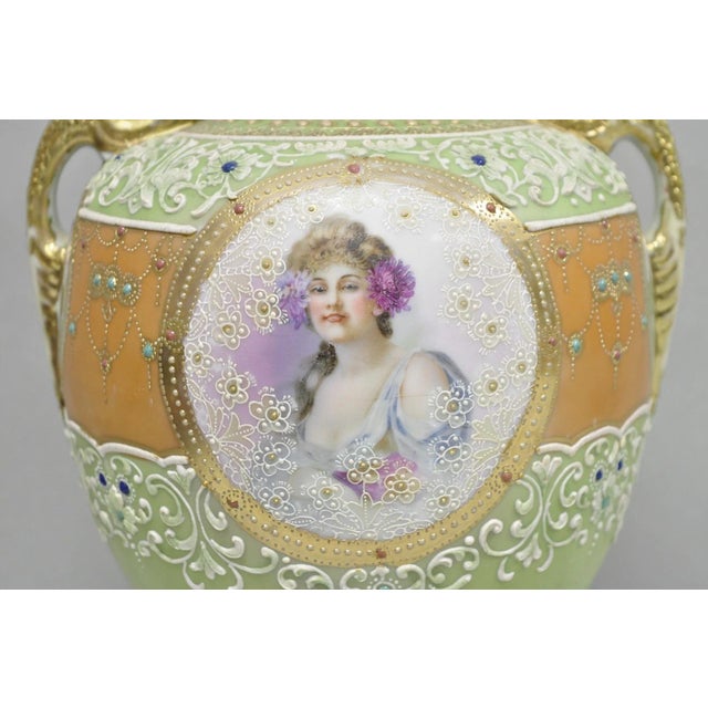 Victorian Antique Nippon Hand Painted Porcelain Green Moriage Twin Handle Portrait Vase For Sale - Image 3 of 17
