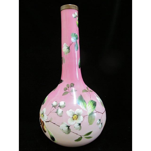 Victorian Victorian Harrach Enameled Flower Opaline Pink Cased Glass 17" Bohemian Vase For Sale - Image 3 of 11