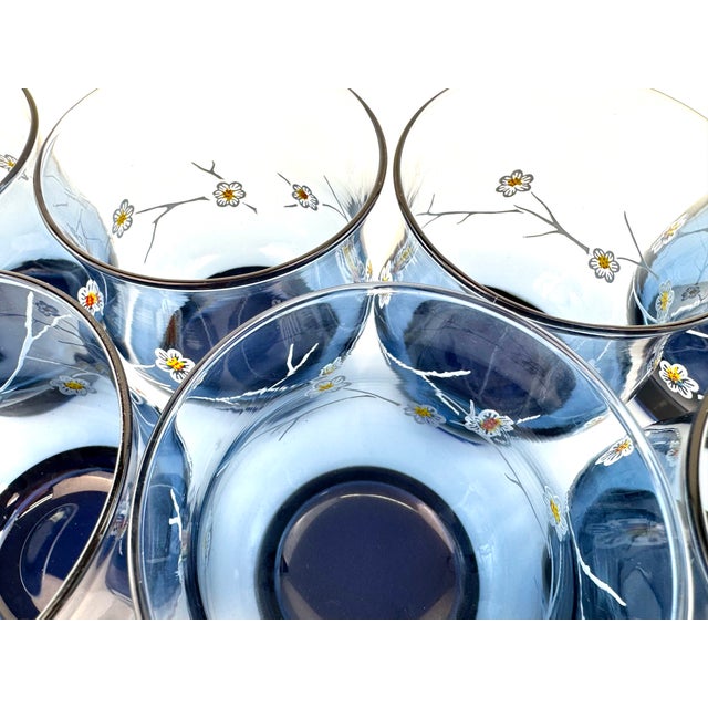 Glass Vintage Organic Modern Blue Glass Floral Tumblers Hand Painted Cocktail Glasses - Set of 8 For Sale - Image 7 of 11