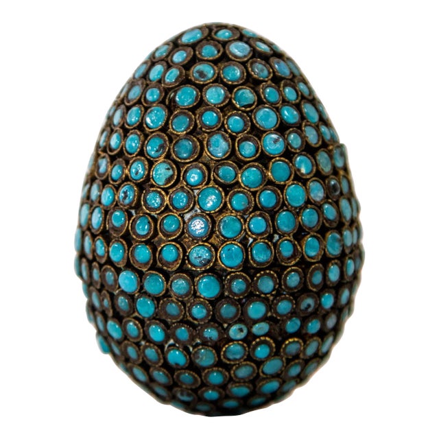Antique Tibetan Egg Shaped Box With Turquoise Blue Stone Inlay For Sale