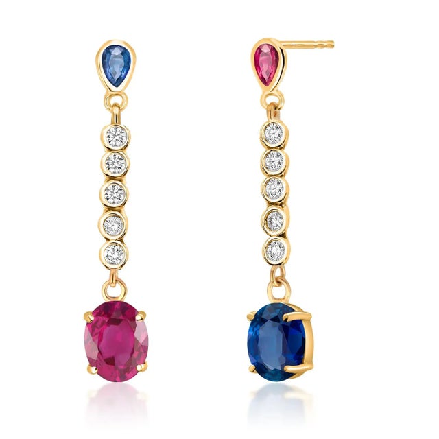 2020s 14 Karat Yellow Gold Double Tiered Alternating Ruby and Sapphire Drop Earrings - 2 Pieces For Sale - Image 5 of 10