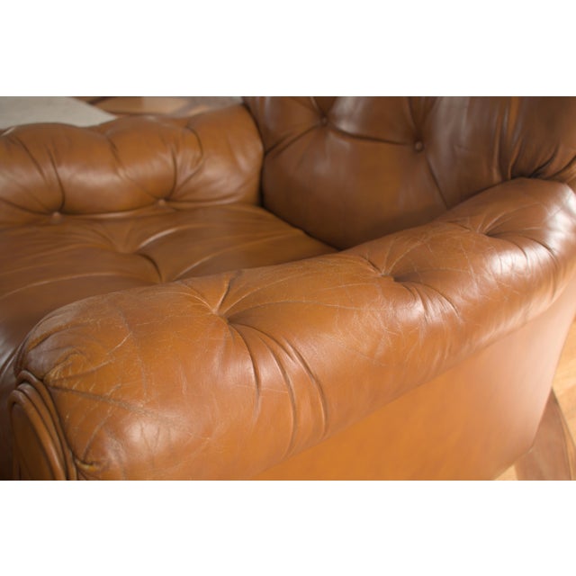 Animal Skin 1970s "Classic Leather" Top Grain Tufted Chair & Ottoman With Brass Casters, Made in Usa For Sale - Image 7 of 9