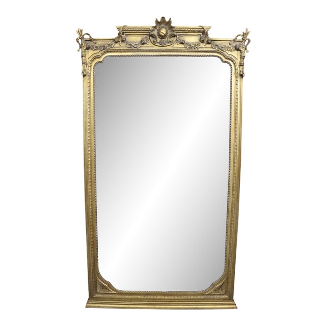 Late 19th Century French Louis XVI Style Carved Giltwood Beveled Floor Pier Mirror For Sale