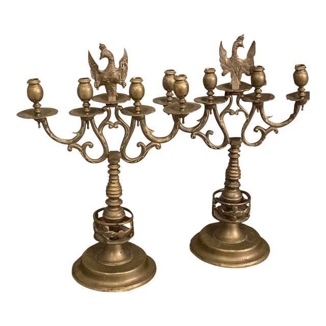 Antique Brass Candelabra Sabbath Judaica Europe 4 Light With Eagle Holding Swords - a Pair For Sale