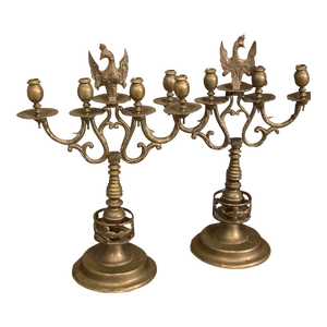 Antique Brass Candelabra Sabbath Judaica Europe 4 Light With Eagle Holding Swords - a Pair