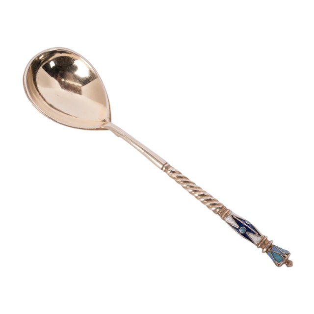 Antique Set Imperial Russian Silver Gilt Cloisonne Spoons Feodosii Pekin Moscow - 5 Pieces For Sale - Image 11 of 11