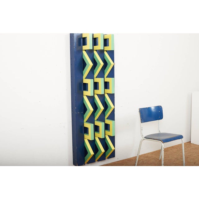 Wooden Wall Relief with Beams Painted Blue & Geometric Central Parts Painted Green/Yellow, 1950s For Sale - Image 10 of 14