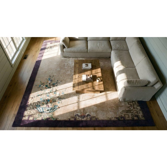 1920s Tan Sand Chinoiserie Antique Chinese Art Deco Carpet 9'3'' X 11'8' Wool Knotted Rug For Sale - Image 12 of 12