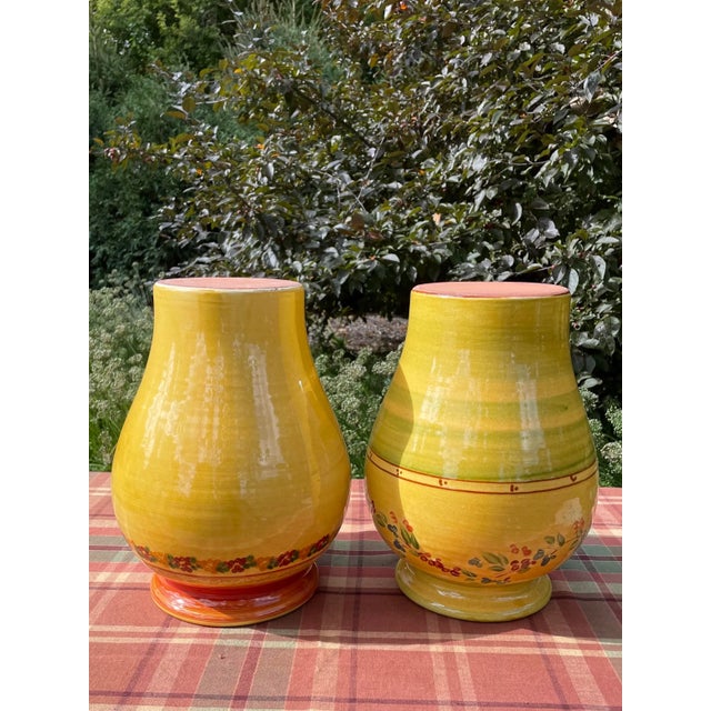 1990s French Handmade Engobe Pottery Mustard Yellow Urns / Vases / Jars - Set of 2 For Sale - Image 11 of 12