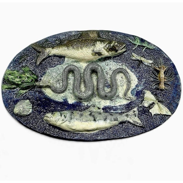 Antique François Maurice French Palissy Majolica Snake Fish Platter Plaque 1880 For Sale - Image 11 of 12