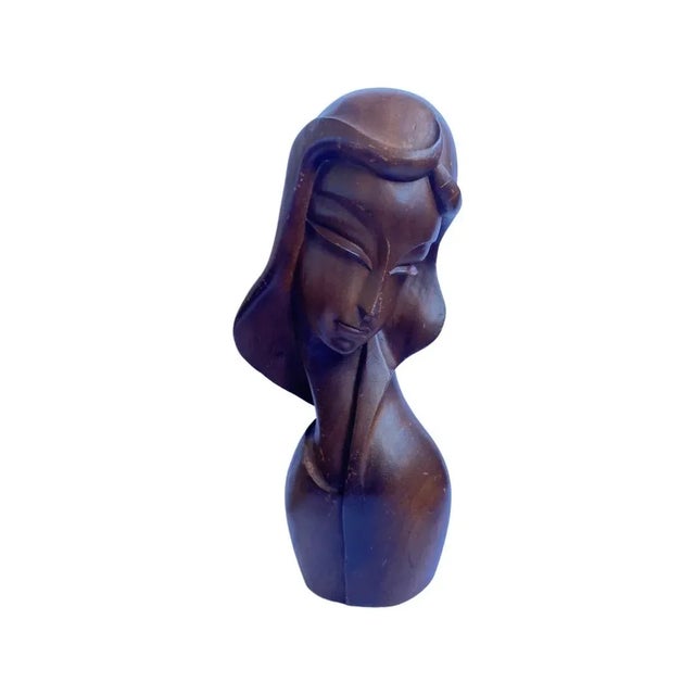 Vintage Mid century modern Hand Carved Solid Wood Bust of Lady - Unsigned Maker Attributed to Lepanto Crafts circa 1950.