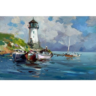 Oil Painting Pier at the Lighthouse Yuriy Suprunchuk For Sale