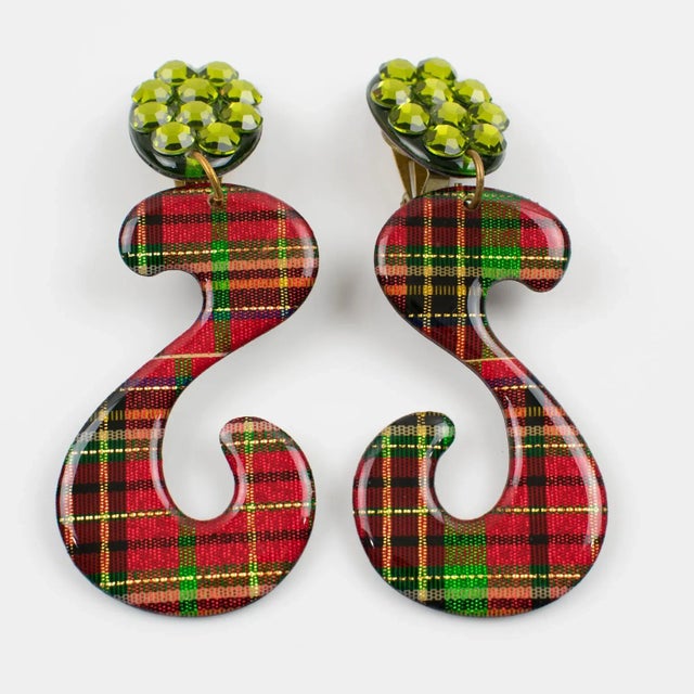 Contemporary Jeweled Dangle Lucite Pair of Clip Earrings With Red and Green Plaid Pattern For Sale - Image 3 of 5