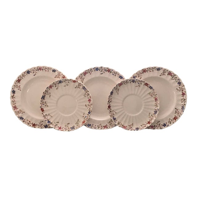 Antique Copeland Spode “Wickerdale” Plate Set-3 Dinner Plates & 2 Saucers For Sale
