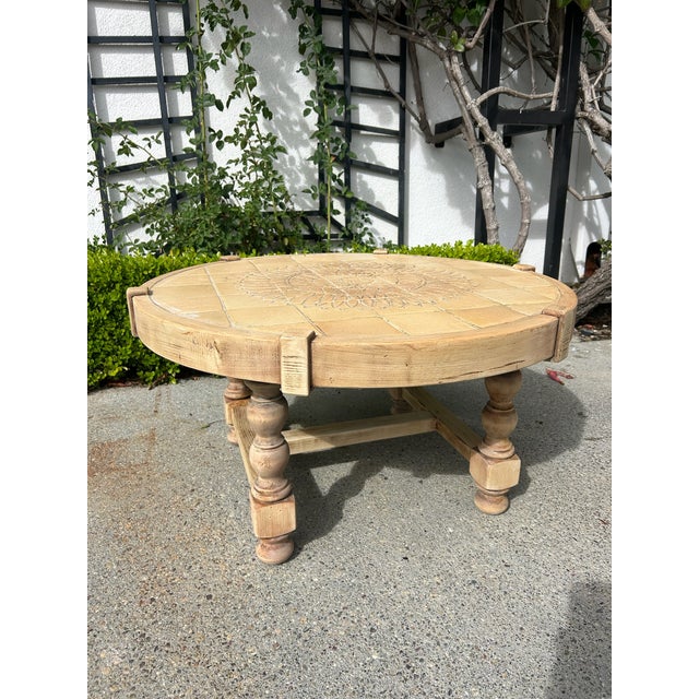 Rustic European Vintage Round Carved Wood Coffee Table With Tiled Inlay Top For Sale - Image 3 of 16