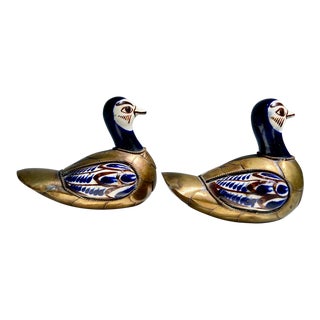 1970s Mexican Folk Art Brass and Ceramic Ducks - a Pair For Sale