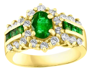 1 Carat Oval Cut Emerald and 1.0 Carat Diamond Ring 18 Karat Yellow Gold
