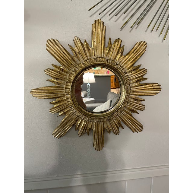 Vintage 16" Gilded Sunburst Wall Mirror With Light Cream Wash For Sale - Image 13 of 15
