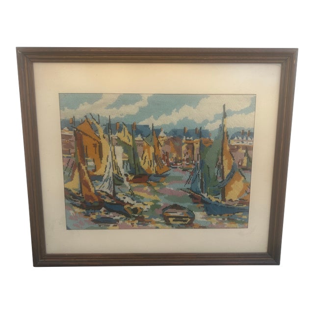 Vintage Hand Made Needlepoint Sailboat Picture For Sale