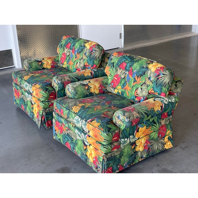 80s Tropical Floral Skirted Lounge Chairs With Parrot Motif Upholstery, a Pair, Palm Beach Regency, Vintage, Maximalism For Sale - Image 10 of 12