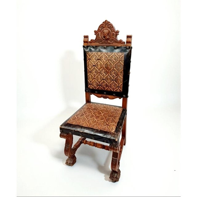 Antique Spanish Castilian Renaissance Revival Armchair in Hand-Carved Wood with Leather Upholstery, 1800s For Sale - Image 6 of 9