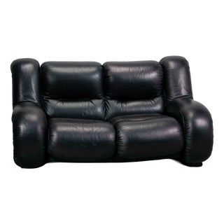 Italian Space Age Black Leather 2-Seater Sofa, 1985 For Sale
