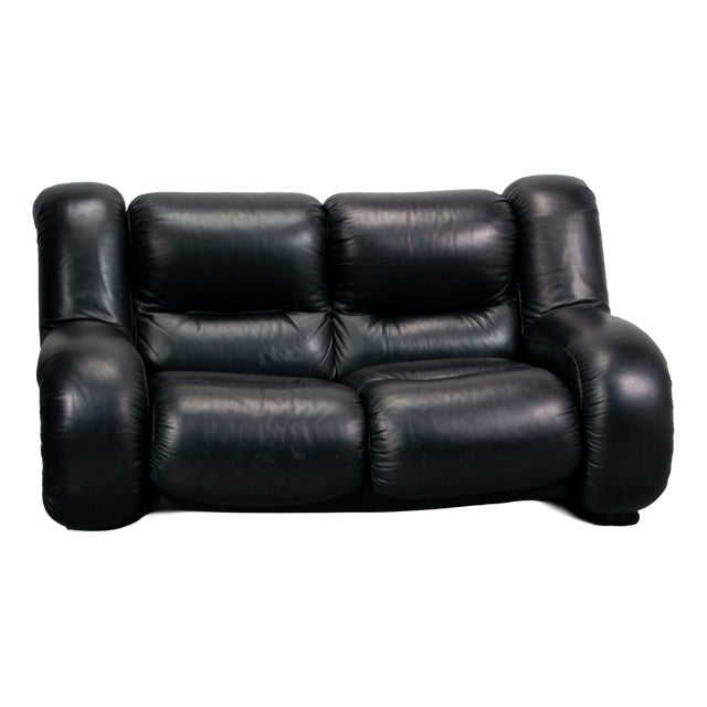 Italian Space Age Black Leather 2-Seater Sofa, 1985 For Sale