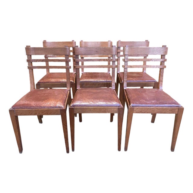Chairs in Oak and Leather, 1950s, Set of 6 For Sale