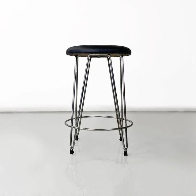 Italian Modern Stool in Black Leatherette and Steel, 1970s For Sale - Image 4 of 11