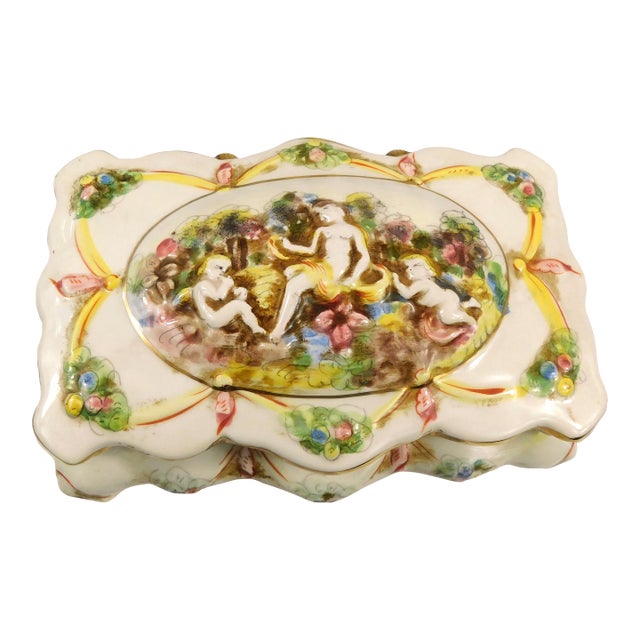 1930s Capodiamonte Large Hinged Lid Trinket Dish For Sale