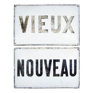 Vintage "New & Old" Porcelain French Signs - a Pair For Sale