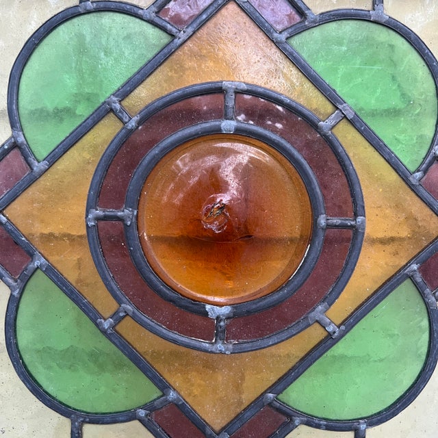 1900 - 1909 Antique Leaded Stained Glass Window With Amber Eye For Sale - Image 5 of 8