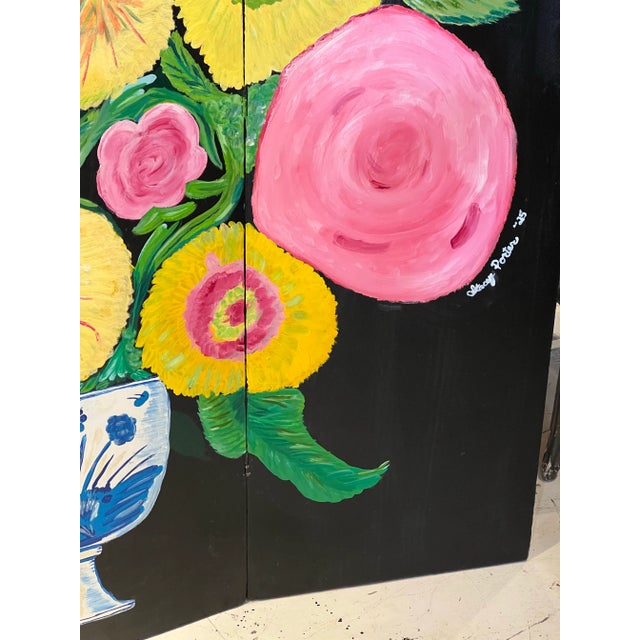 Original Hand-Painted Folding Screen by Stacey Porter – Floral Still Life With Bird – Black Ground Decorative Panel For Sale - Image 9 of 12