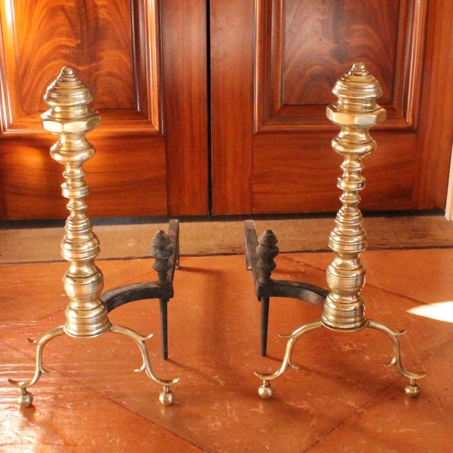 American Pair of Antique American Brass Andirons With Turned Finials For Sale - Image 3 of 13