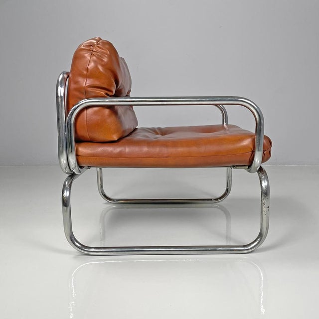 Modern Italian Brown Faux Leather and Chromed Metal Chairs, 1970s, Set of 2 For Sale - Image 4 of 18