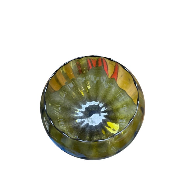 Mid-Century Modern Avocado Green Empoli Optic Italian Glass Stemmed Bowl Vase For Sale - Image 3 of 7