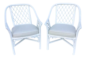 Ficks Reed Barrel Chairs in White Lacquer and Todd Hase Textiles- a Pair