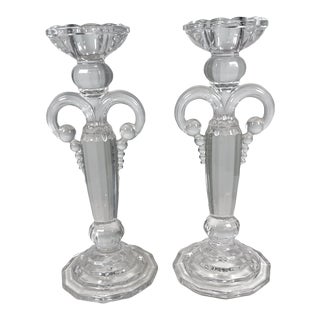 Art Deco Pair Crystal Candle Holders Scalloped Fleur De Lis Austria For Sale