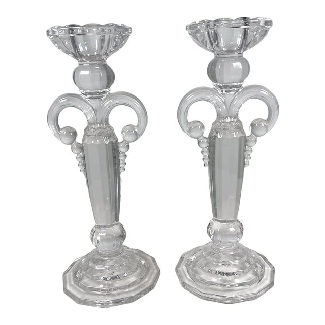 Art Deco Pair Crystal Candle Holders Scalloped Fleur De Lis Austria For Sale