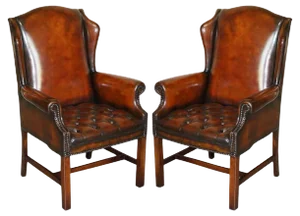 Set of Hand Dyed Brown Leather Chesterfield Wingback Armchairs